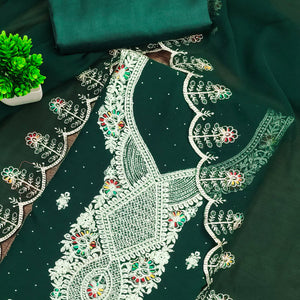 Green Georgette Dress Material Adorned With Elegant Floral Embroidery & Shimmering Swarovski Work