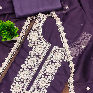 Chic Purple Floral Thread Embroidered Star Georgette Unstitched Suit Fabric