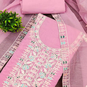 Pink Unstitched Suit Material in Premium Floral Thread Embroidered Chanderi Silk