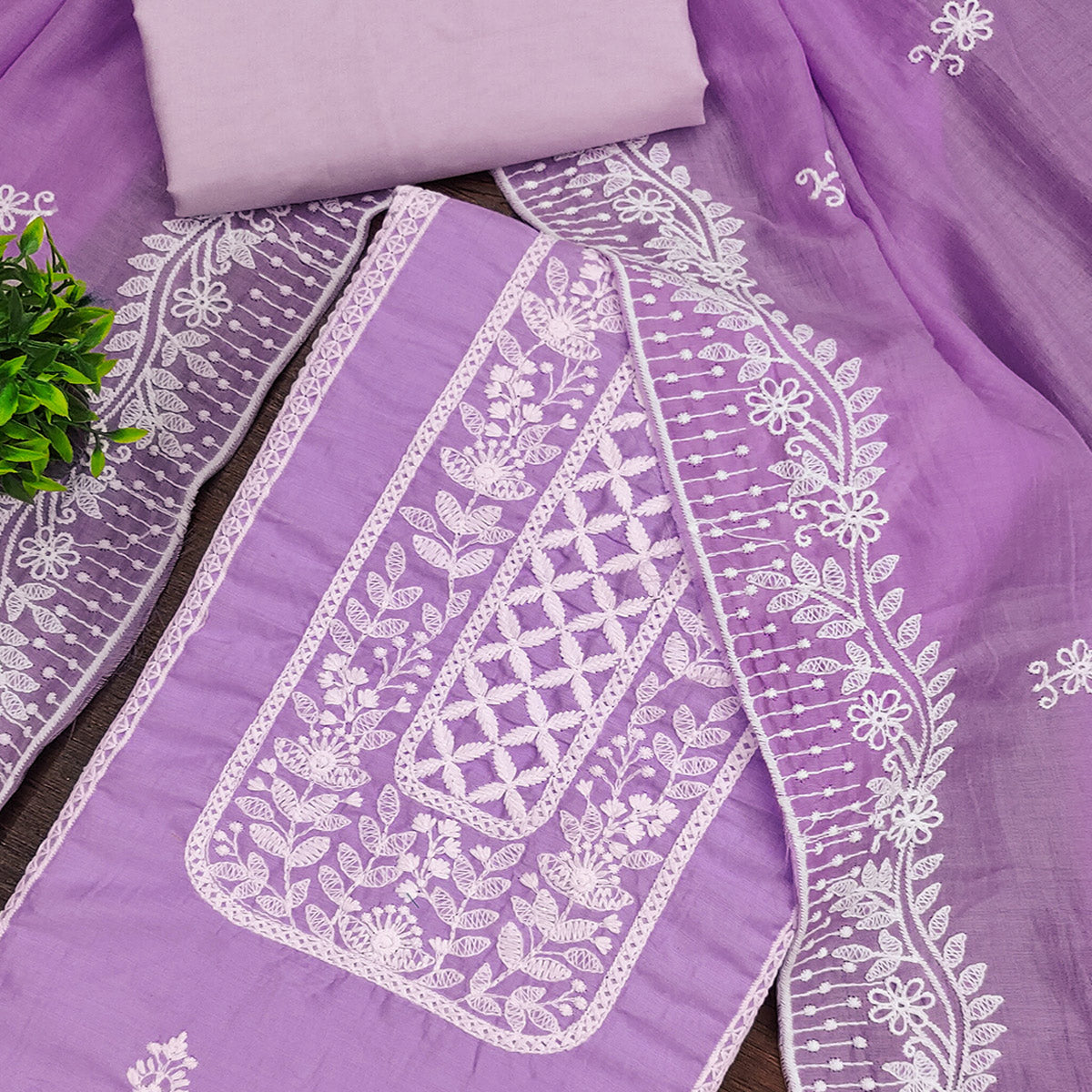 Lavender Unstitched Suit Material in Luxurious Cotton Silk with Exquisite Floral Embroidery