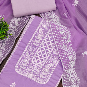 Lavender Unstitched Suit Material in Luxurious Cotton Silk with Exquisite Floral Embroidery