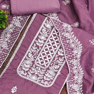 Mauve Unstitched Suit Material in Luxurious Cotton Silk with Exquisite Floral Embroidery