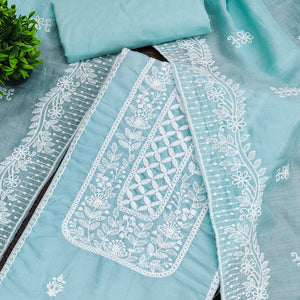 Sky Blue Unstitched Suit Material in Luxurious Cotton Silk with Exquisite Floral Embroidery