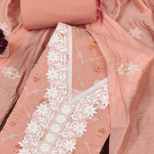 Feminine Peach Floral Thread Work Chanderi Silk Fabric for Traditional & Festive Outfits