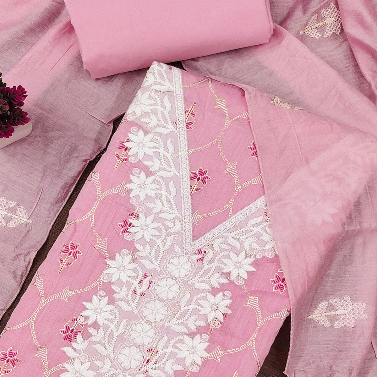 Feminine Pink Floral Thread Work Chanderi Silk Fabric for Traditional & Festive Outfits