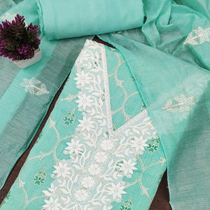Feminine Turquoise Floral Thread Work Chanderi Silk Fabric for Traditional & Festive Outfits