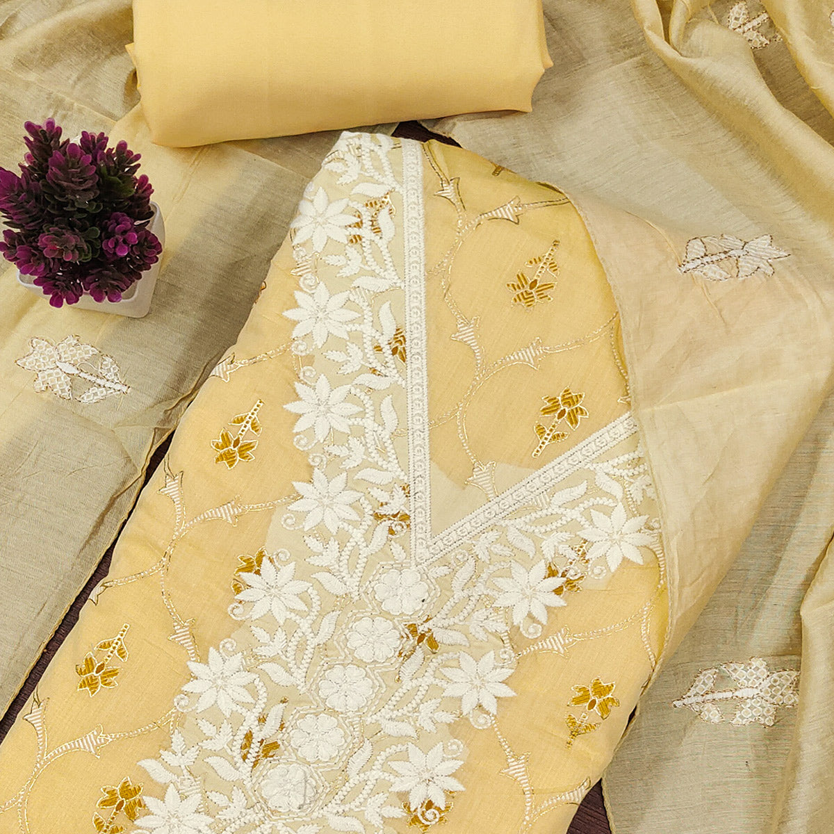Feminine Yellow Floral Thread Work Chanderi Silk Fabric for Traditional & Festive Outfits
