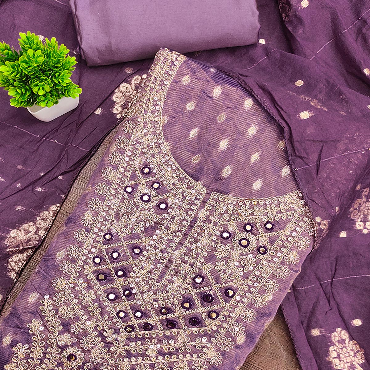 Lavender Embroidered Shimmer Fabric with Beautiful Zari Work for Unstitched Suits