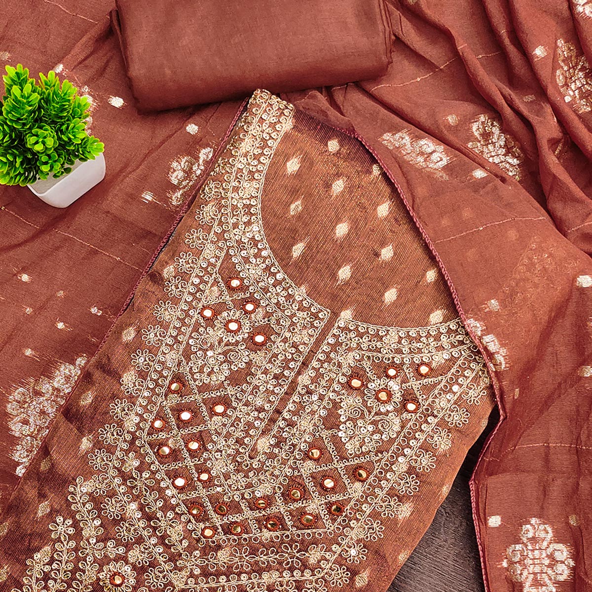 Rust Embroidered Shimmer Fabric with Beautiful Zari Work for Unstitched Suits