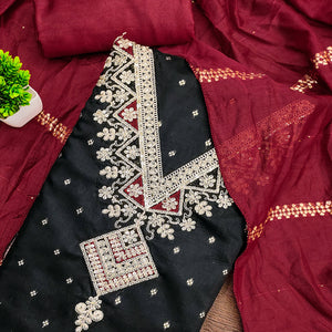 Festive Black Chanderi Silk Suit Material with Detailed Zari Weaving and Hand Embroidery
