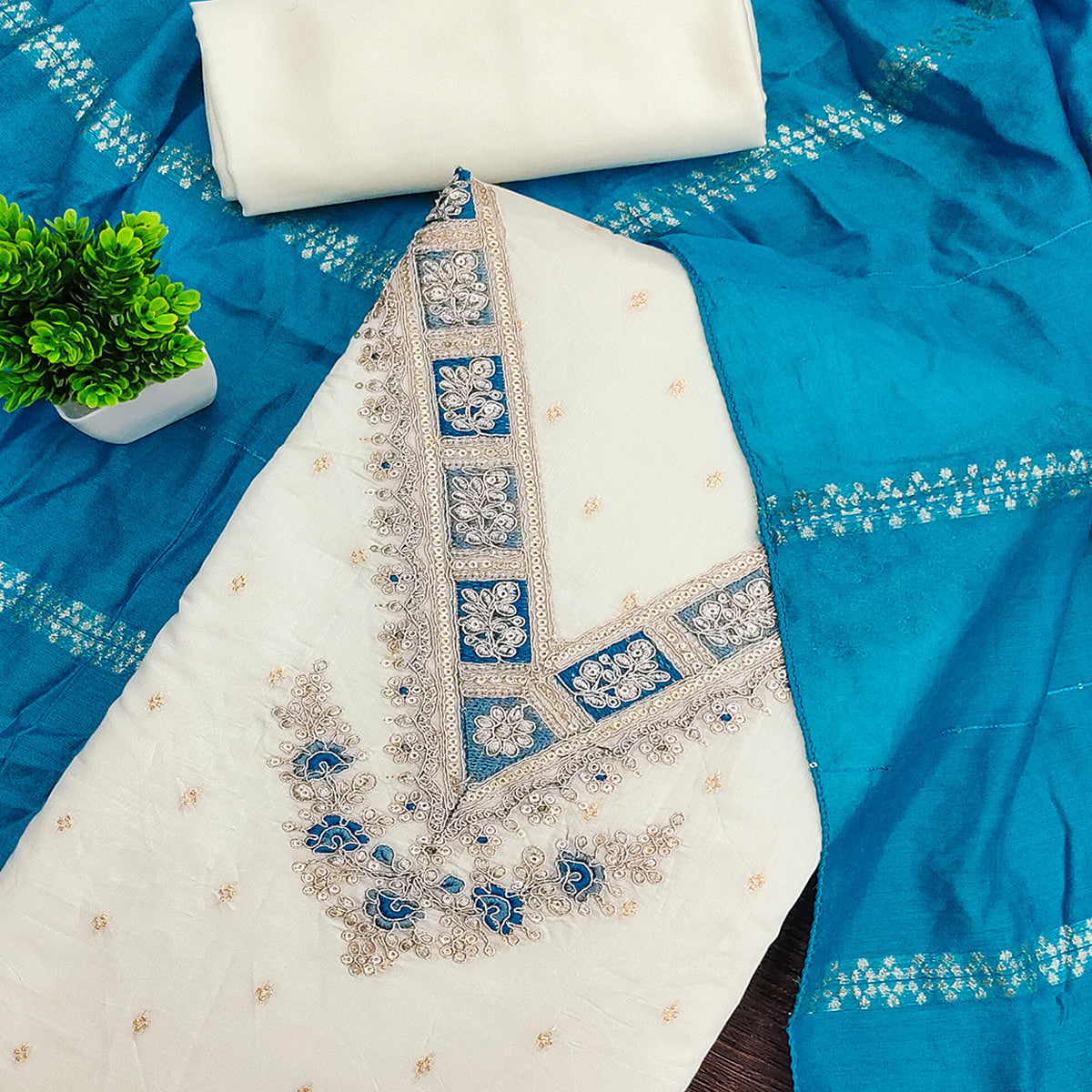 Off-White & Blue Chanderi Silk Unstitched Dress Material with Zari Weaving and Embroidery