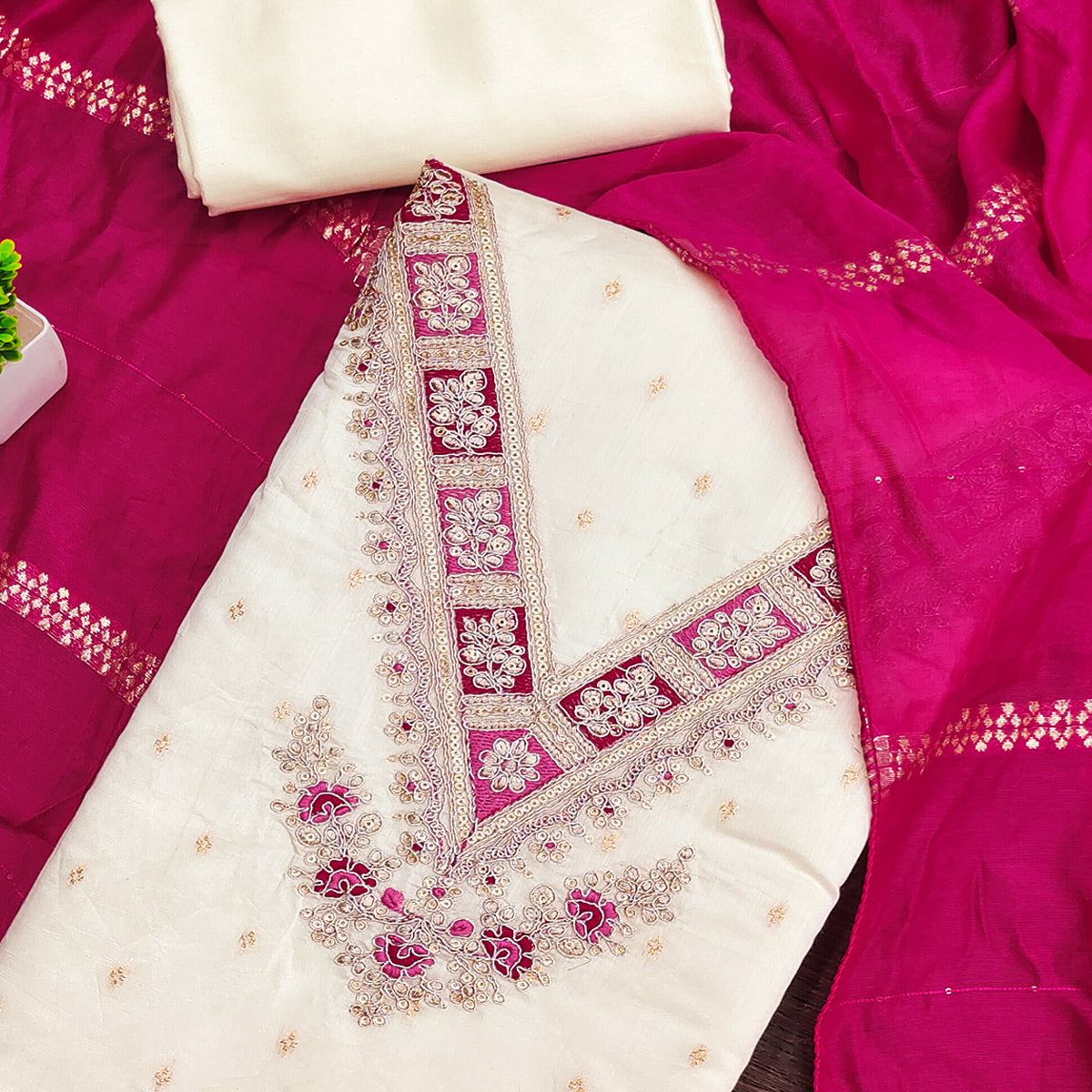 Off-White & Pink Chanderi Silk Unstitched Dress Material with Zari Weaving and Embroidery