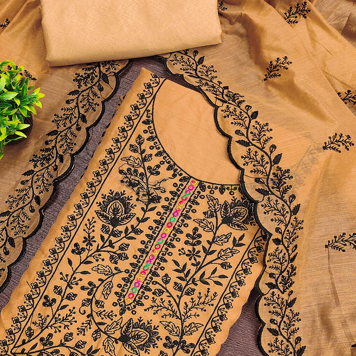 Chikoo Chanderi Cotton Dress Material Accented With Delicate Floral Thread Work