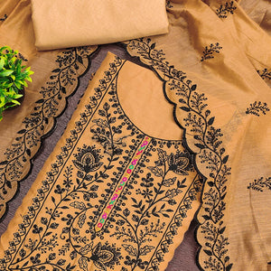 Chikoo Chanderi Cotton Dress Material Accented With Delicate Floral Thread Work