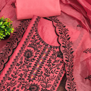 Gajari Pink Chanderi Cotton Dress Material Accented With Delicate Floral Thread Work