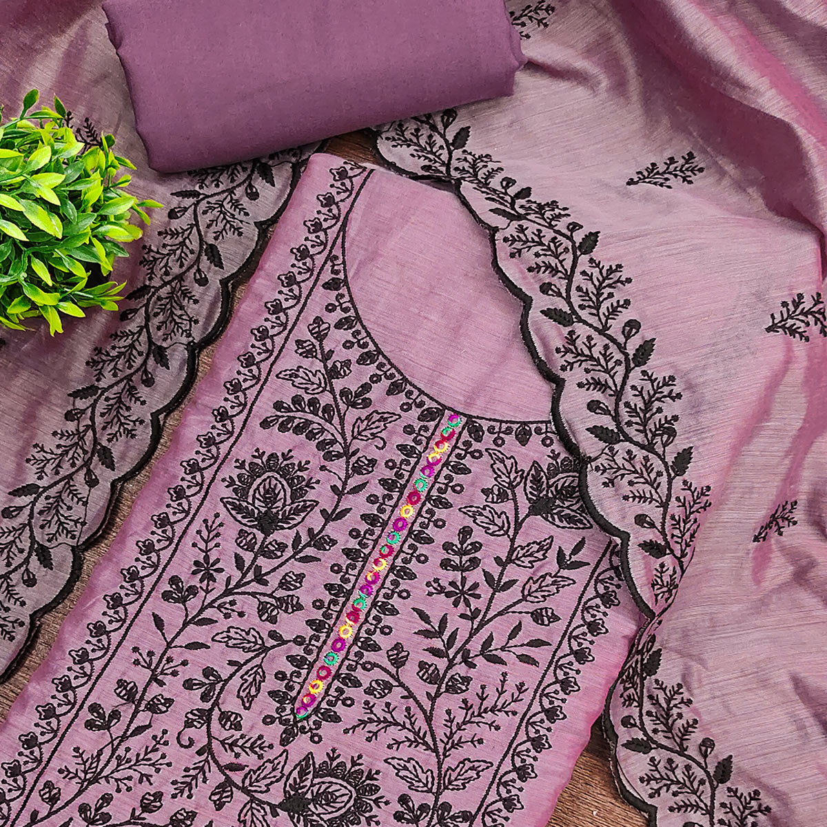 Lavender Chanderi Cotton Dress Material Accented With Delicate Floral Thread Work