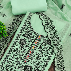 Sea Green Chanderi Cotton Dress Material Accented With Delicate Floral Thread Work