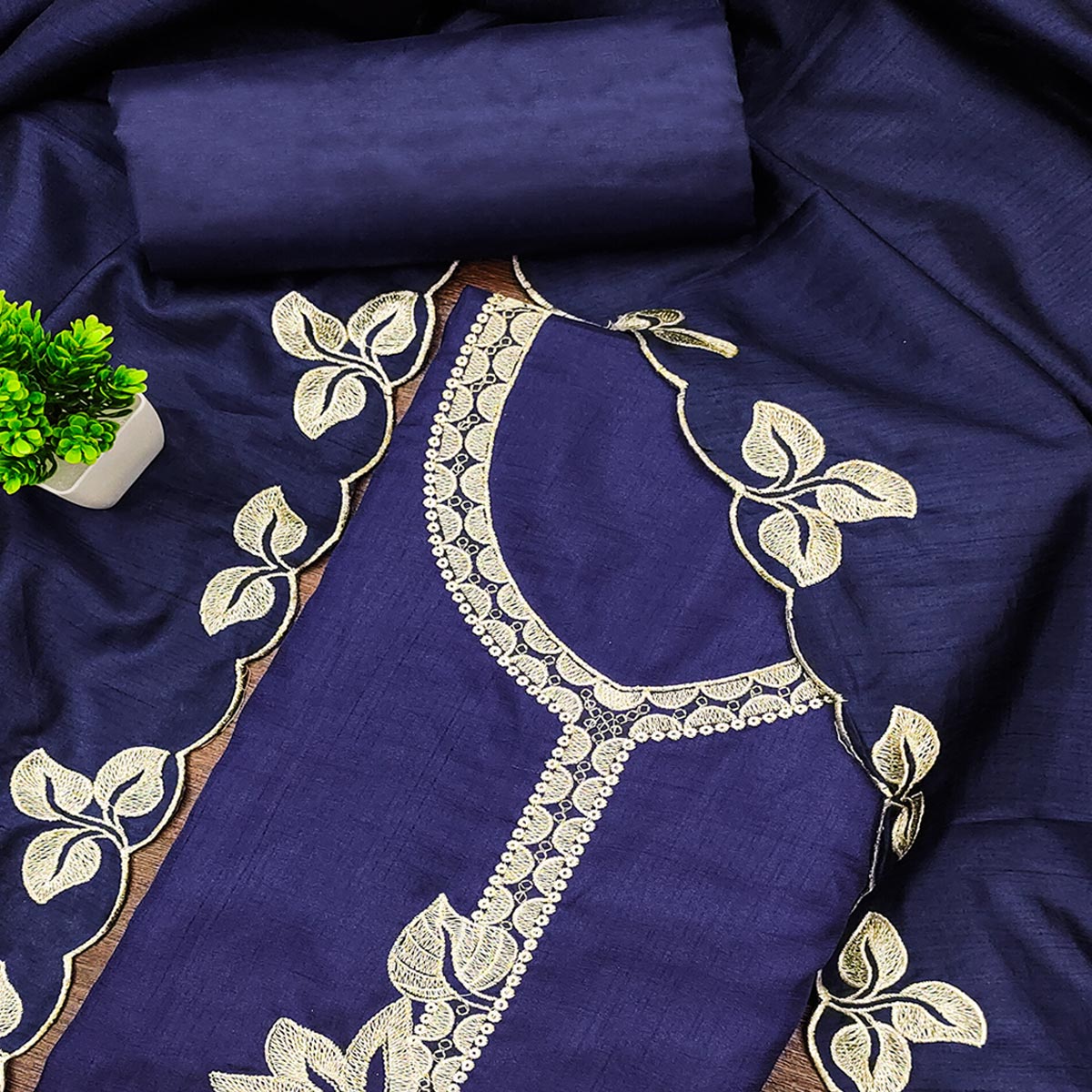 Classic Navy Blue Heavy Embroidered Cotton Blend Dress Material With Floral Thread Detailing