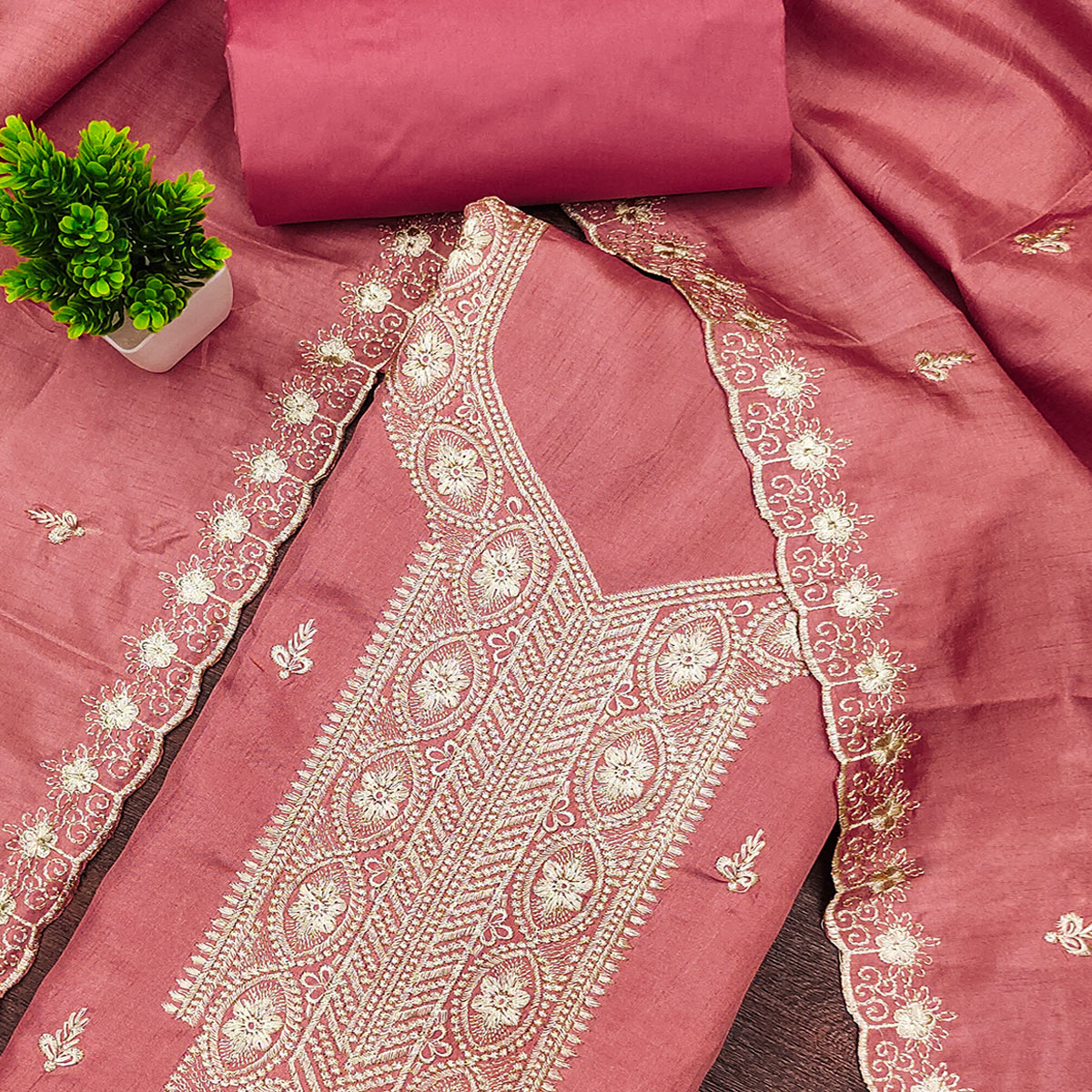 Pink Dress Material In Cotton Blend Featuring Exquisite Floral Embroidery