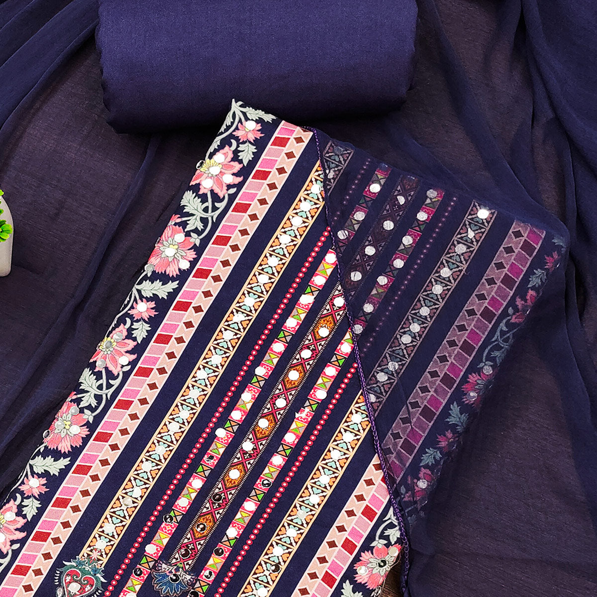 Blue Paisley & Floral Digital Printed Rayon Dress Material With Intricate Mirror Work