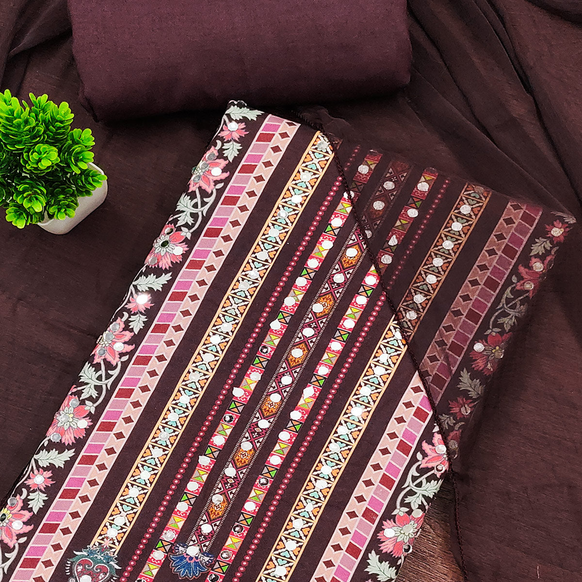 Dark Brown Paisley & Floral Digital Printed Rayon Dress Material With Intricate Mirror Work