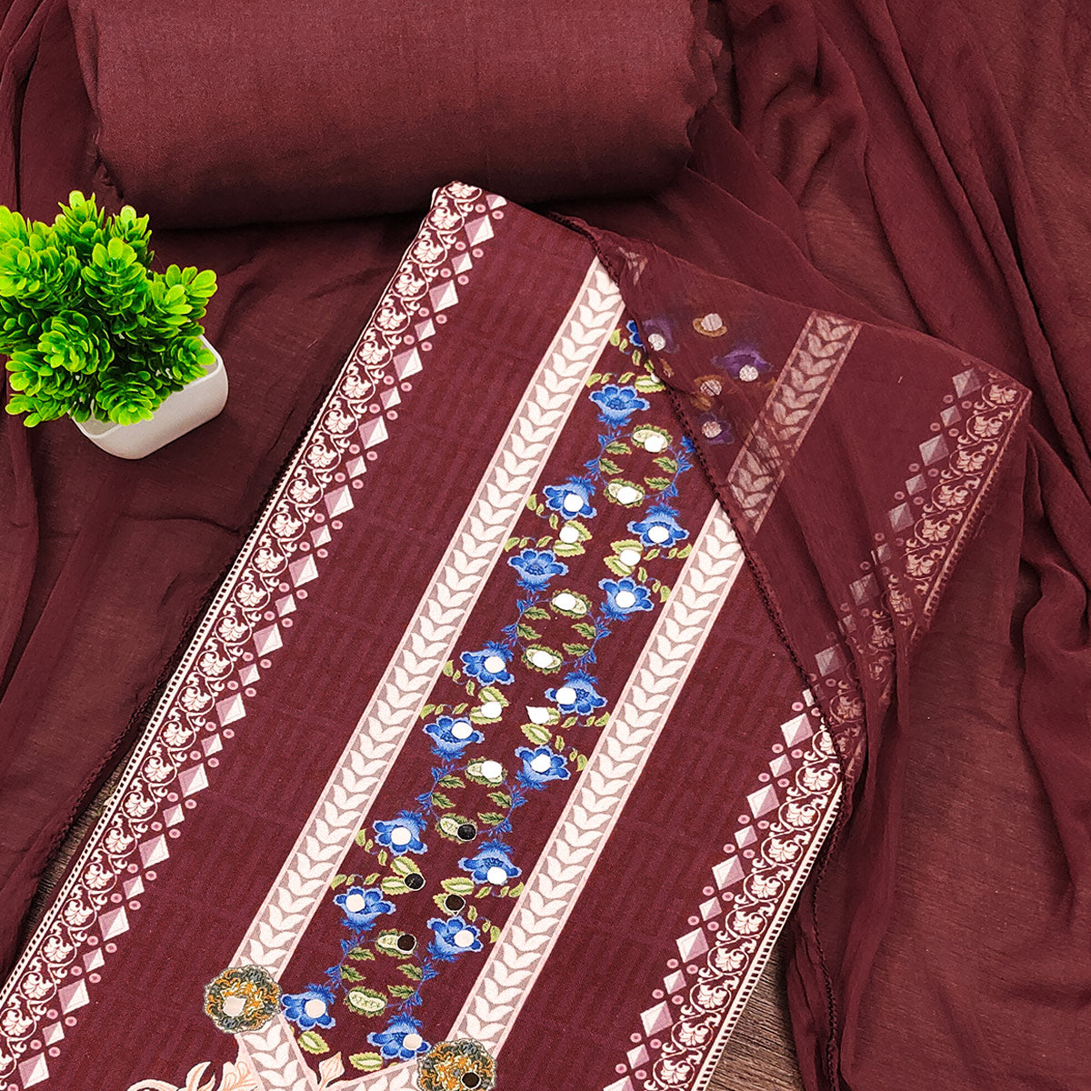 Dark Maroon Floral Digital Printed Rayon Dress Material Highlighted With Mirror Work