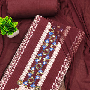 Dark Maroon Floral Digital Printed Rayon Dress Material Highlighted With Mirror Work