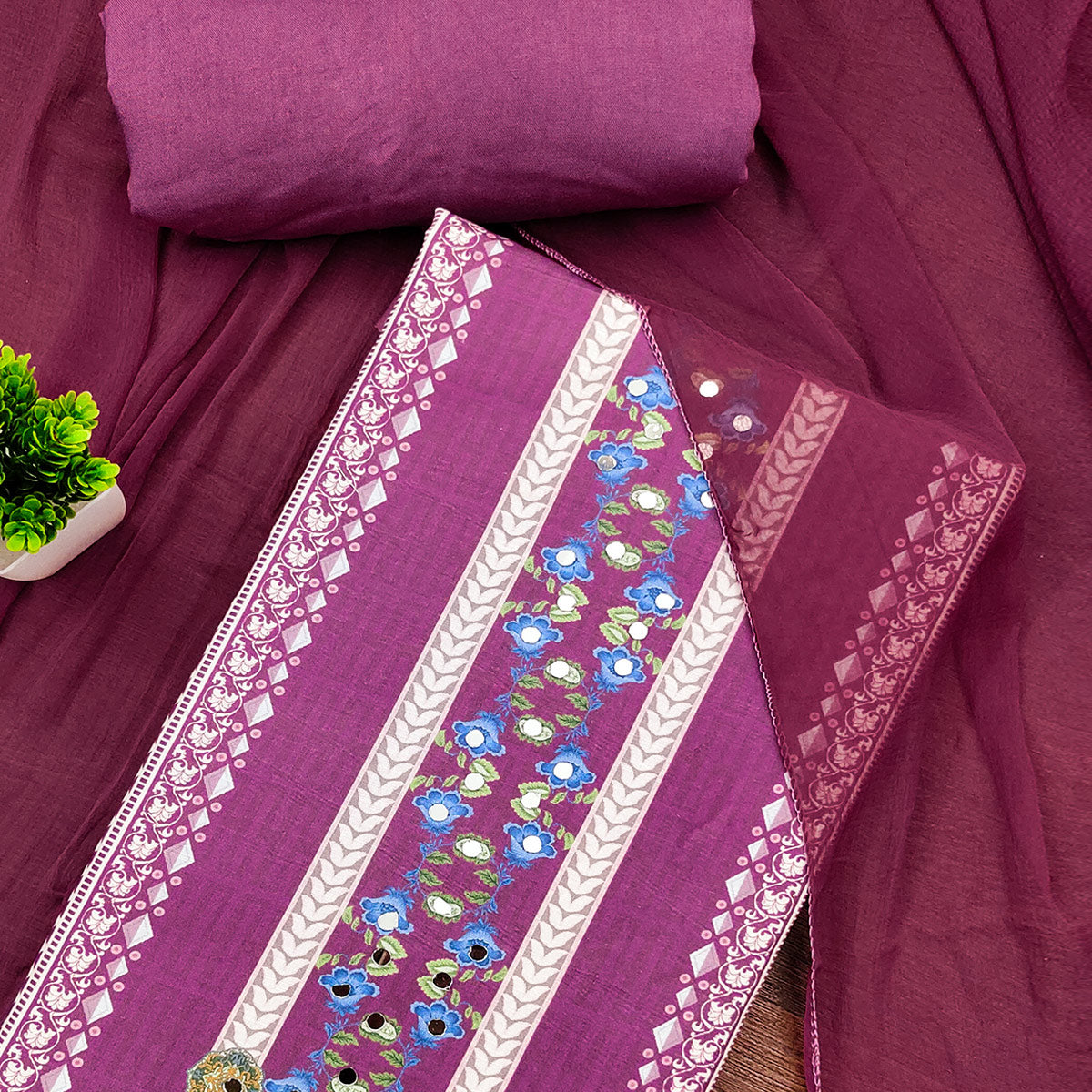 Pink Floral Digital Printed Rayon Dress Material Highlighted With Mirror Work