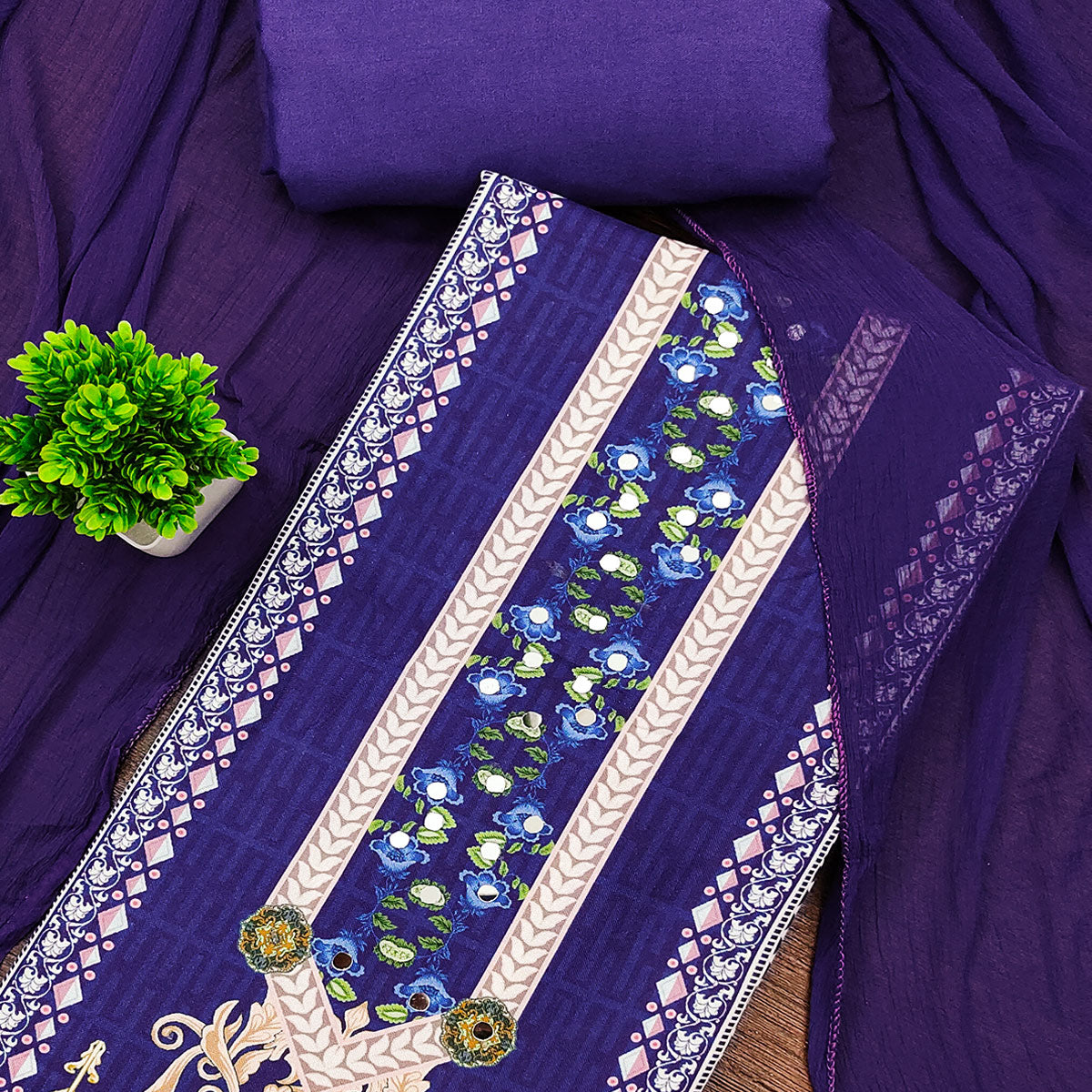 Royal Purple Floral Digital Printed Rayon Dress Material Highlighted With Mirror Work