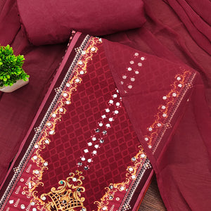 Maroon Rayon Dress Material With Floral Digital Print & Sparkling Mirror Accents