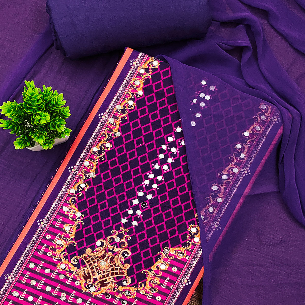 Royal Purple Rayon Dress Material With Floral Digital Print & Sparkling Mirror Accents