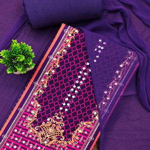 Royal Purple Rayon Dress Material With Floral Digital Print & Sparkling Mirror Accents