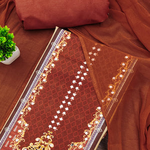 Rust Rayon Dress Material With Floral Digital Print & Sparkling Mirror Accents