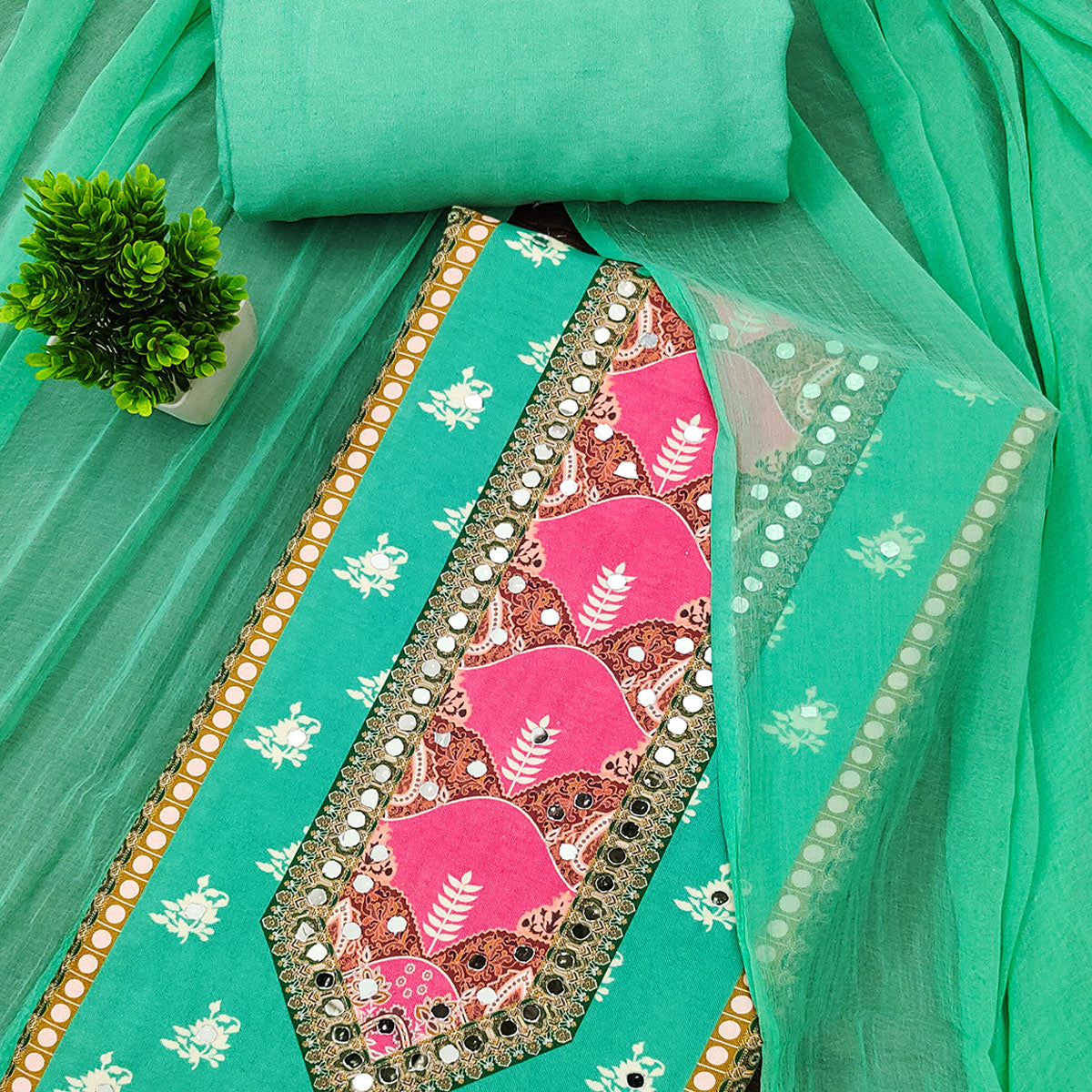 Sea Green Floral Digital Printed Rayon Dress Material Enhanced With Mirror Work