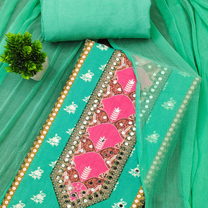 Sea Green Floral Digital Printed Rayon Dress Material Enhanced With Mirror Work