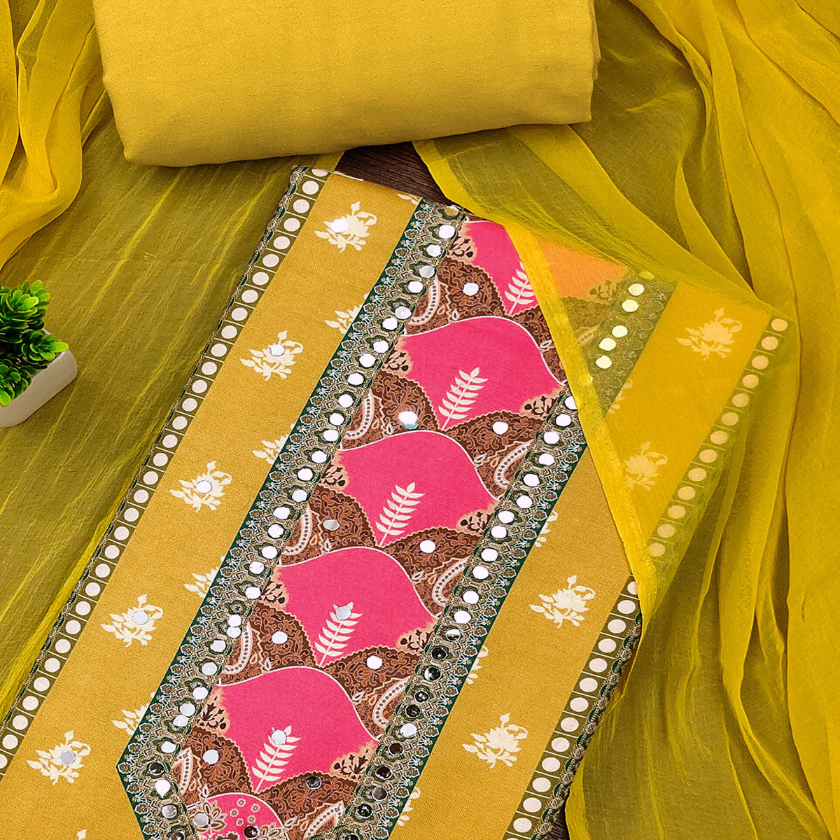 Yellow Floral Digital Printed Rayon Dress Material Enhanced With Mirror Work