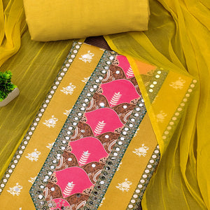 Yellow Floral Digital Printed Rayon Dress Material Enhanced With Mirror Work