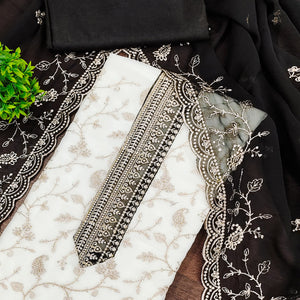 White & Black Georgette Dress Material Showcasing Elegant Floral Thread Embroidery Work