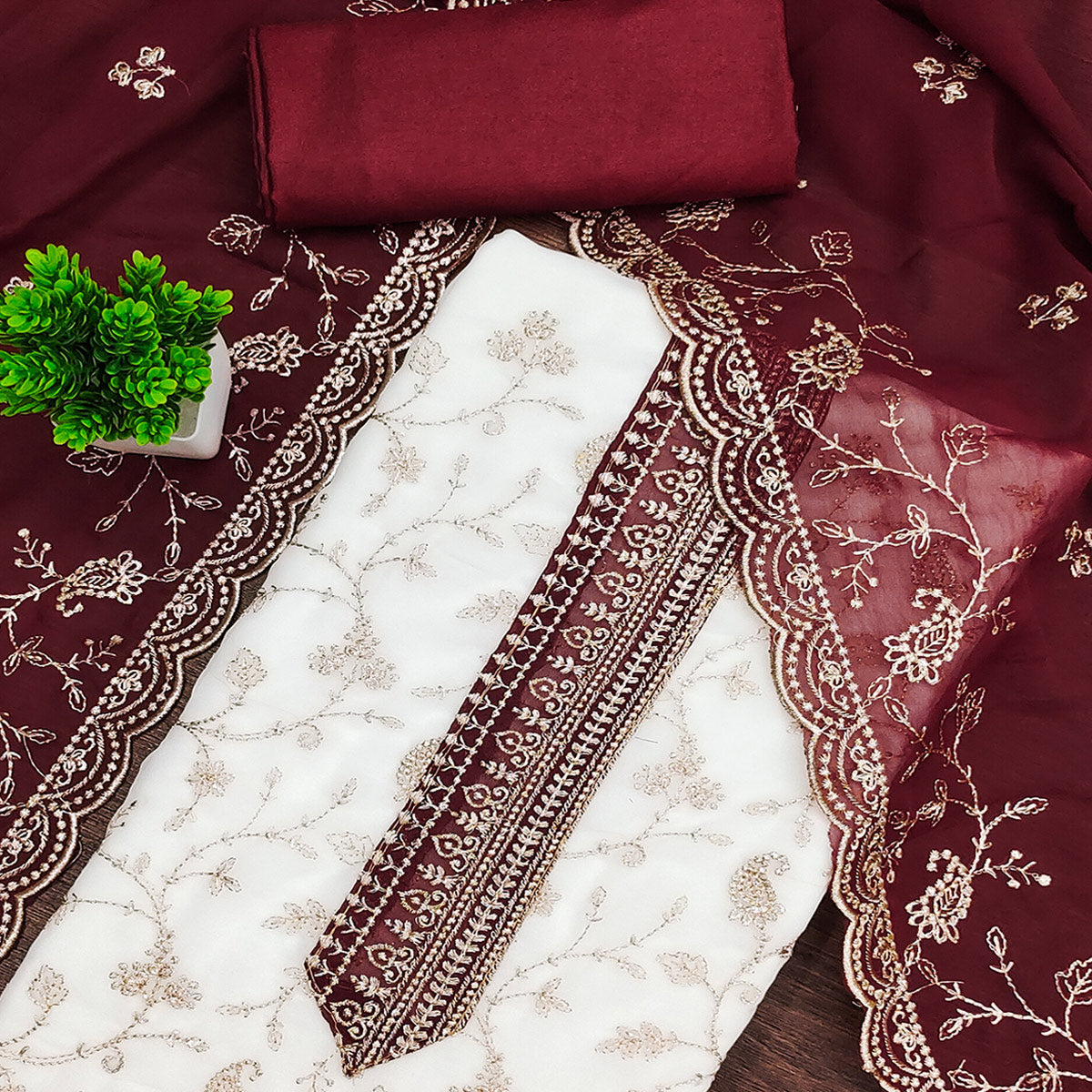 White & Maroon Georgette Dress Material Showcasing Elegant Floral Thread Embroidery Work