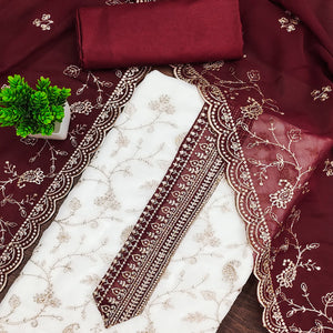 White & Maroon Georgette Dress Material Showcasing Elegant Floral Thread Embroidery Work