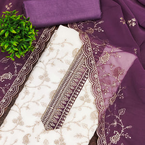 White & Purple Georgette Dress Material Showcasing Elegant Floral Thread Embroidery Work