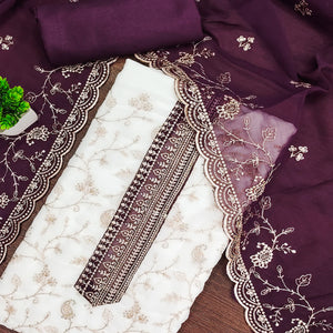 White & Wine Georgette Dress Material Showcasing Elegant Floral Thread Embroidery Work
