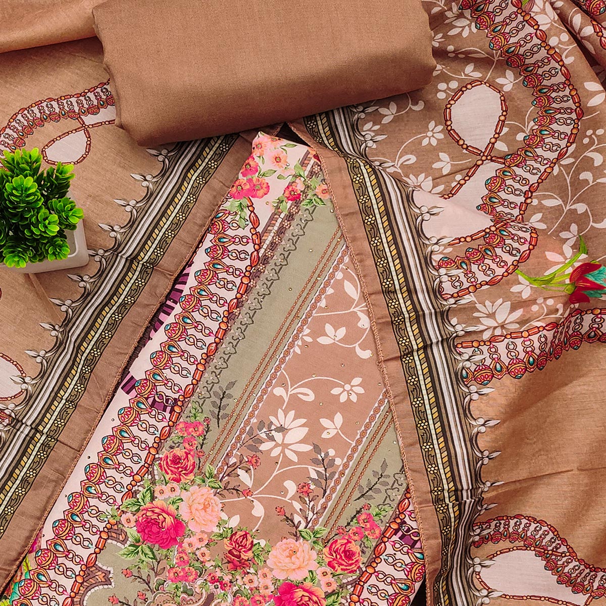 Dusty Orange Muslin Dress Material Featuring Elegant Floral Digital Print With Swarovski Work