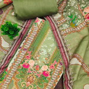 Green Muslin Dress Material Featuring Elegant Floral Digital Print Adorned With Swarovski Work