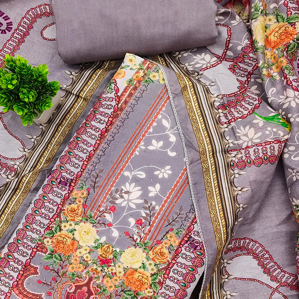 Grey Muslin Dress Material Featuring Elegant Floral Digital Print Adorned With Swarovski Work