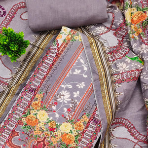 Grey Muslin Dress Material Featuring Elegant Floral Digital Print Adorned With Swarovski Work