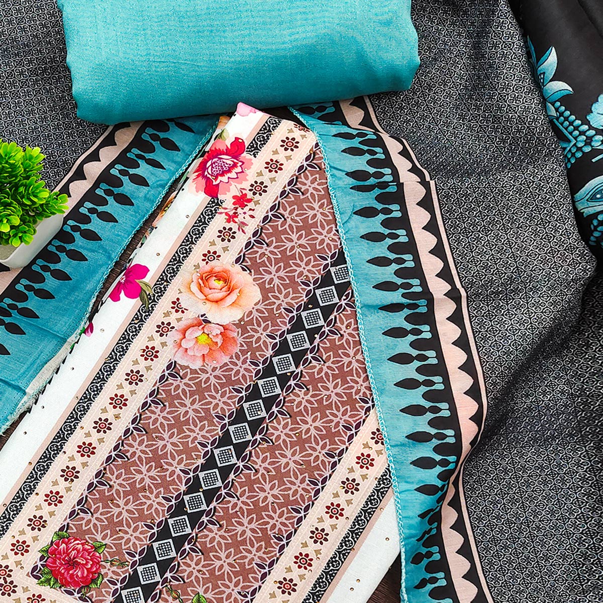 Charming Blue Floral Digital Printed Muslin Dress Material With Subtle Swarovski Work