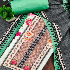 Charming Green Floral Digital Printed Muslin Dress Material With Subtle Swarovski Work