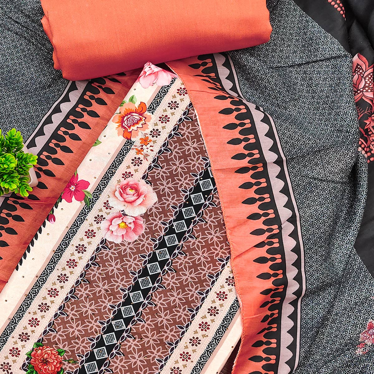 Charming Orange Floral Digital Printed Muslin Dress Material With Subtle Swarovski Work