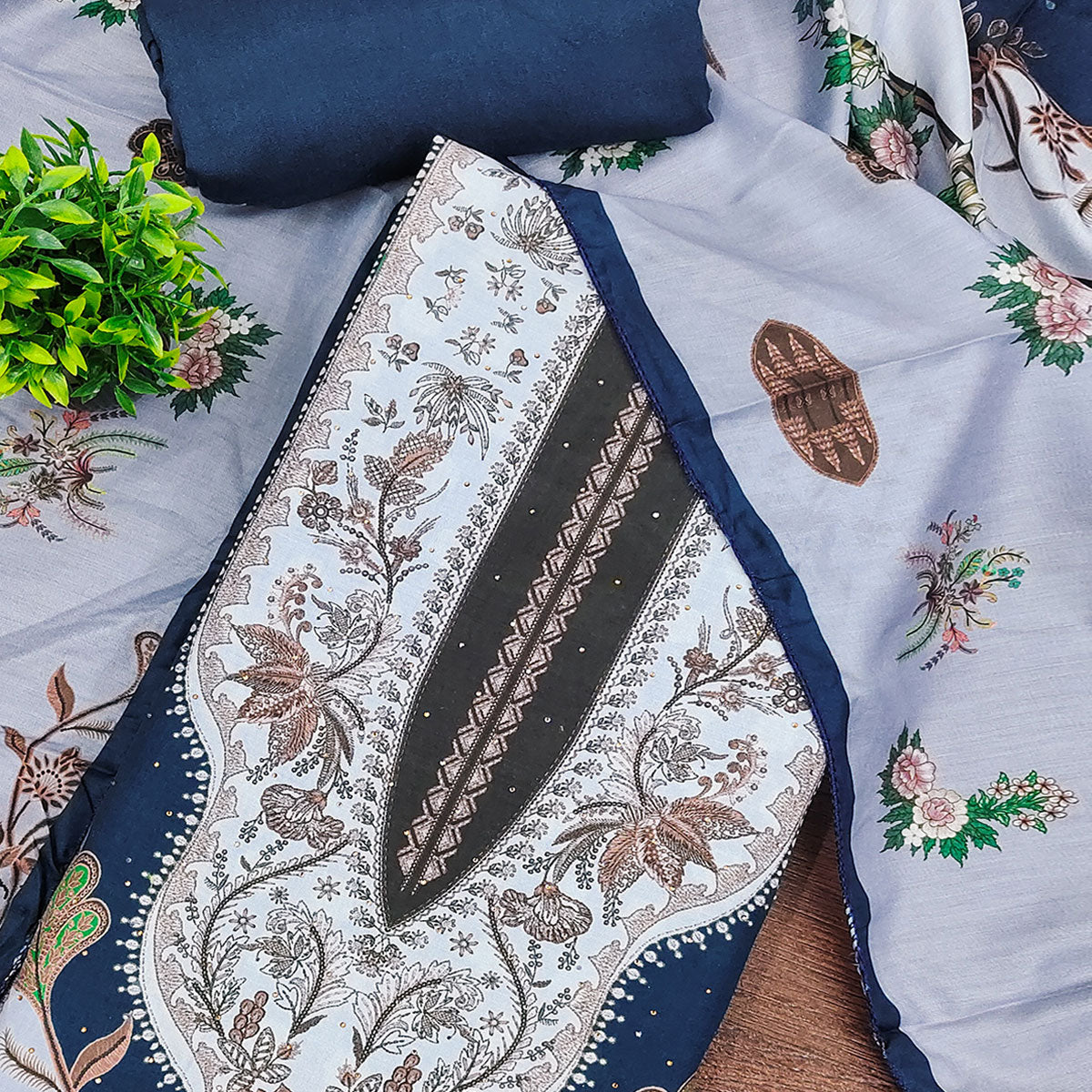 Grey Floral Digital Printed Muslin Dress Material Enhanced With Shimmering Swarovski Work